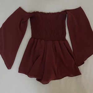Burgundy Long Sleeve Smocked Romper